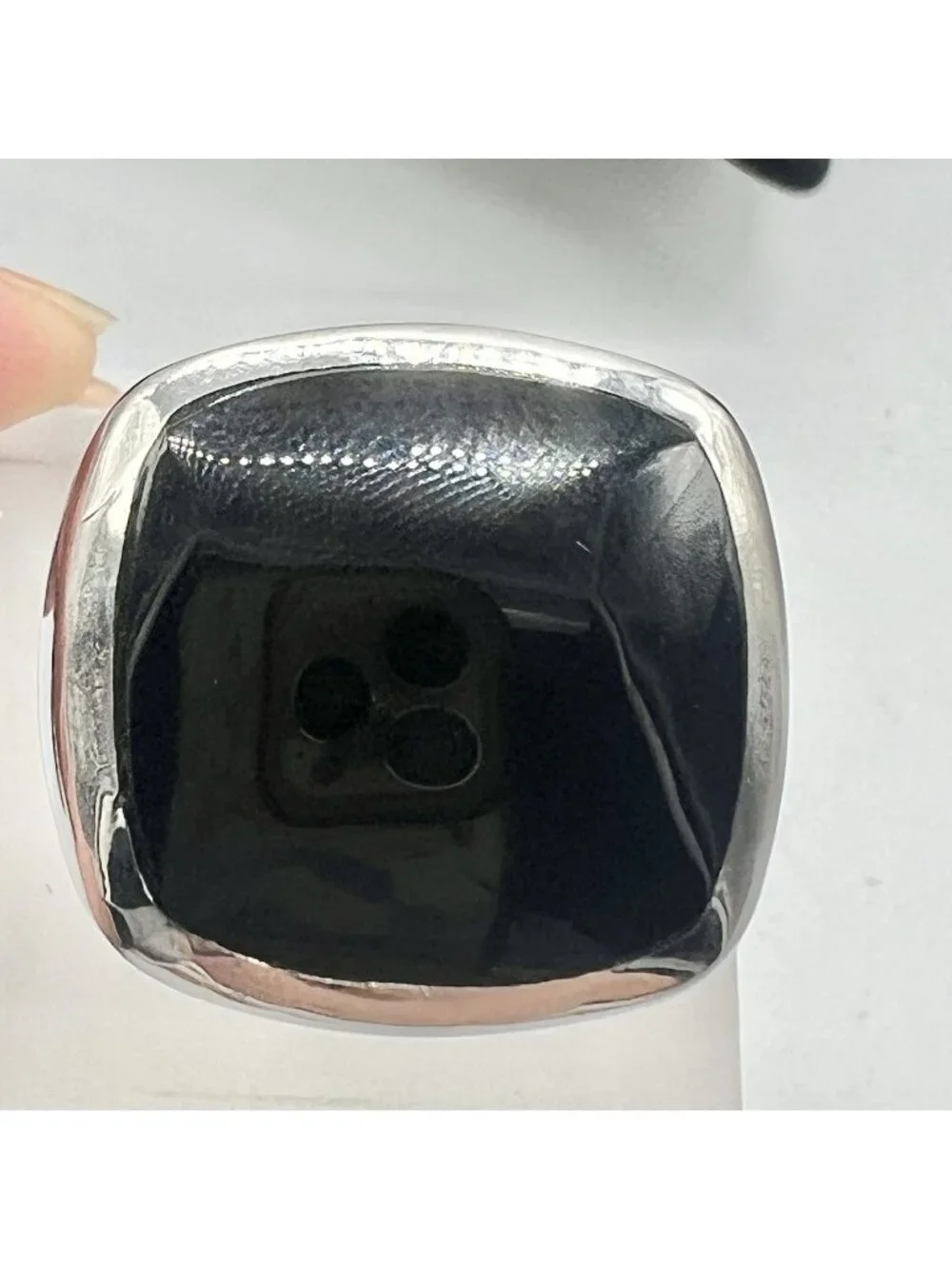 Stainless Steel Minimalist Flat Square Ring Black Stone Inlay Size 7.5 7.75